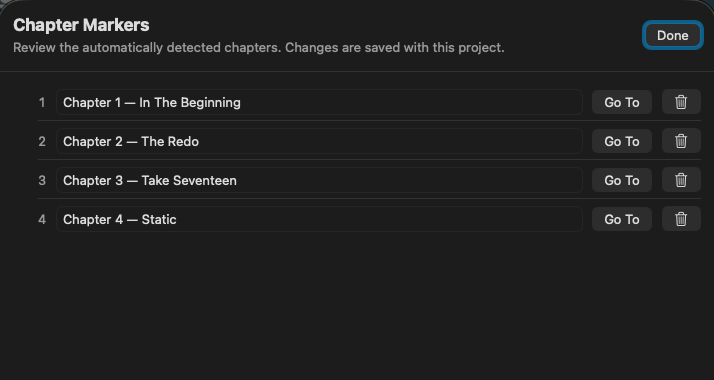 The Chapter Markers window, listing detected chapters and letting you review, rename, or add markers.