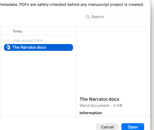 The manuscript file picker, with a DOCX file selected.