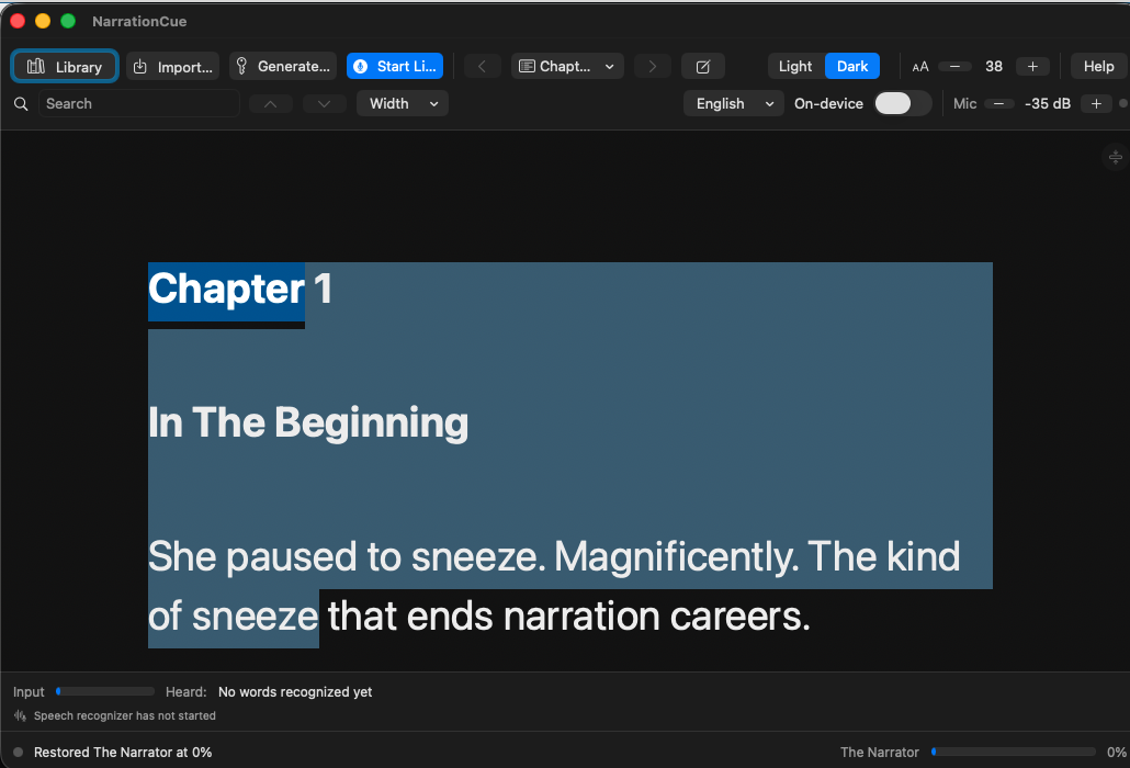 NarrationCue ready to read, with the Listen button in the toolbar.